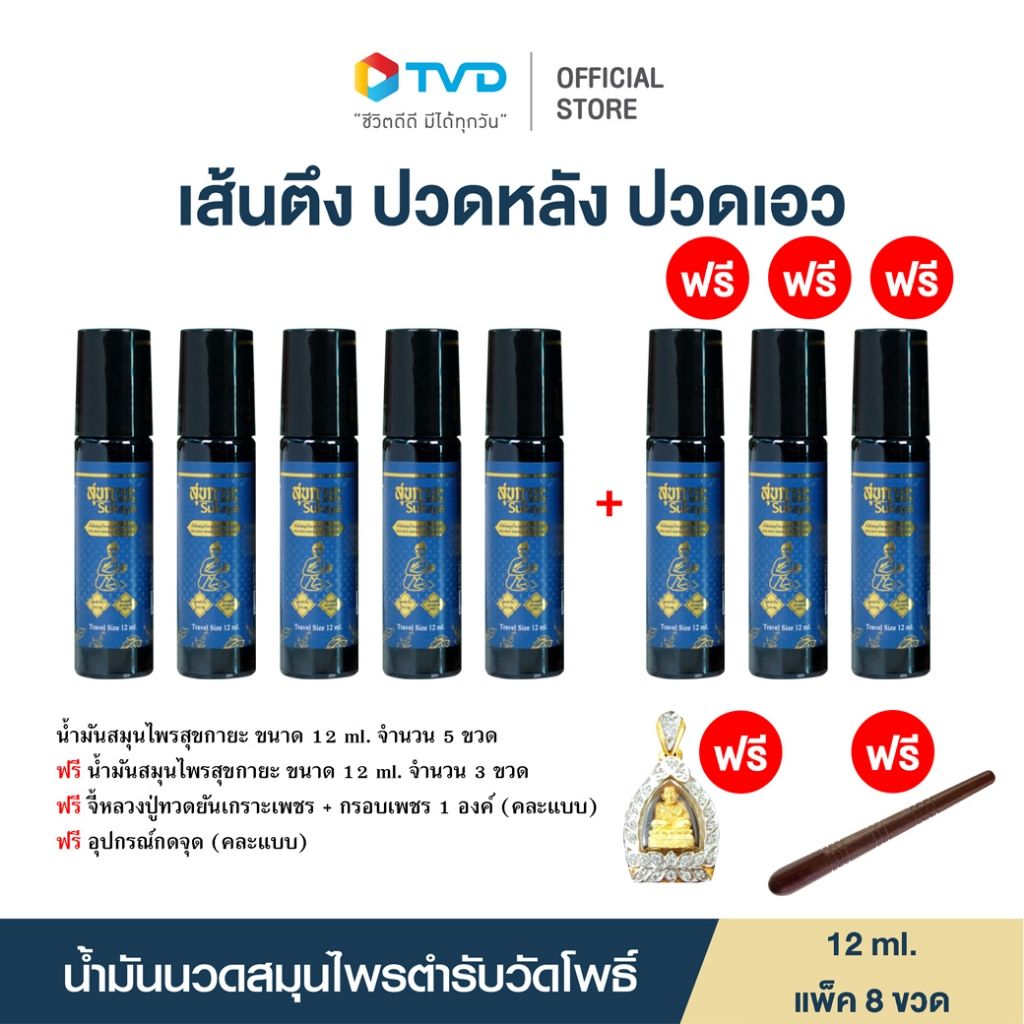 สุขกายะน้ำมันสมุนไพร 12 ML. 5 ขวด ฟรี 3 ขวด...